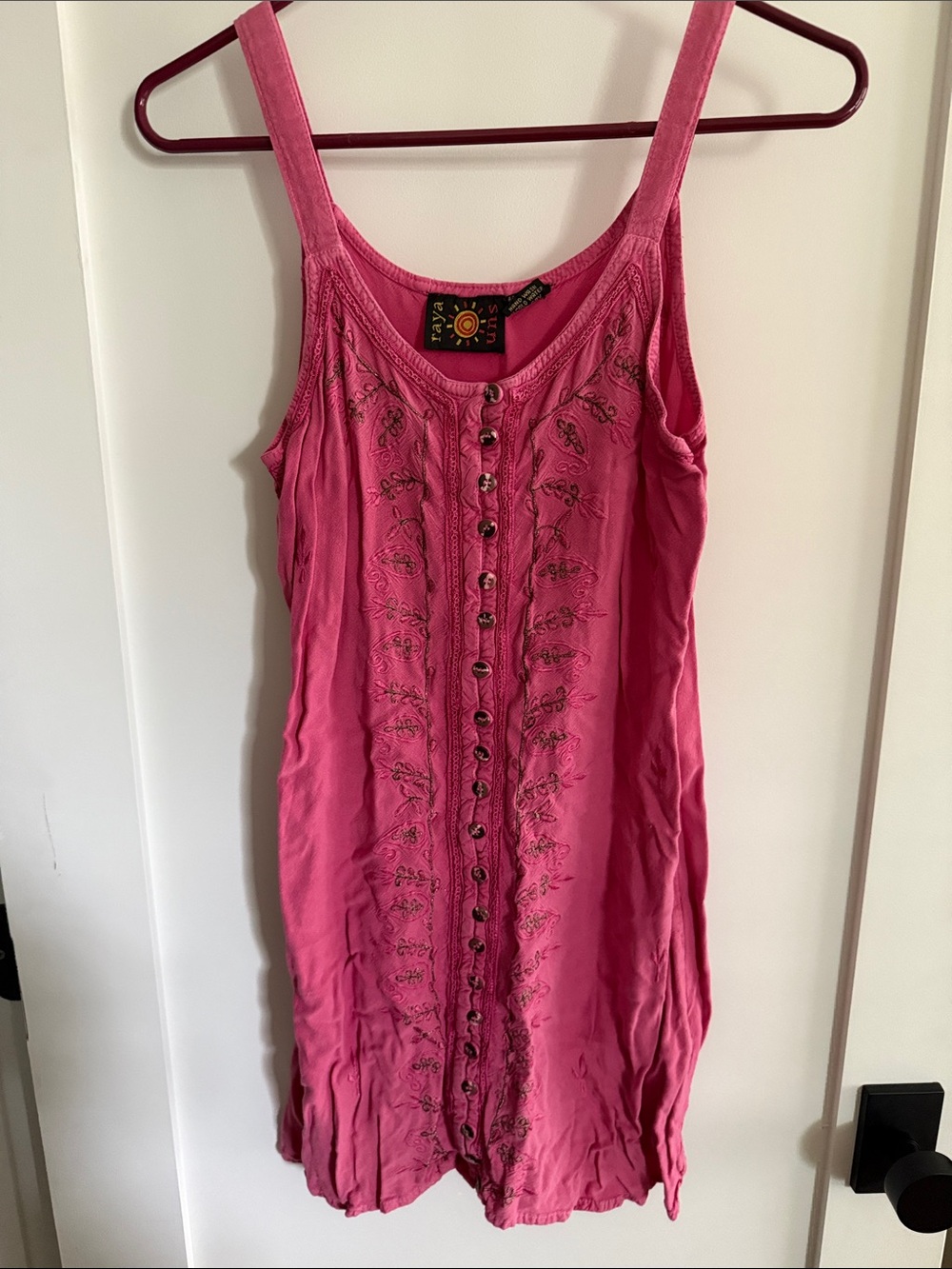 Pink Embroidered Button-Front Tank Dress